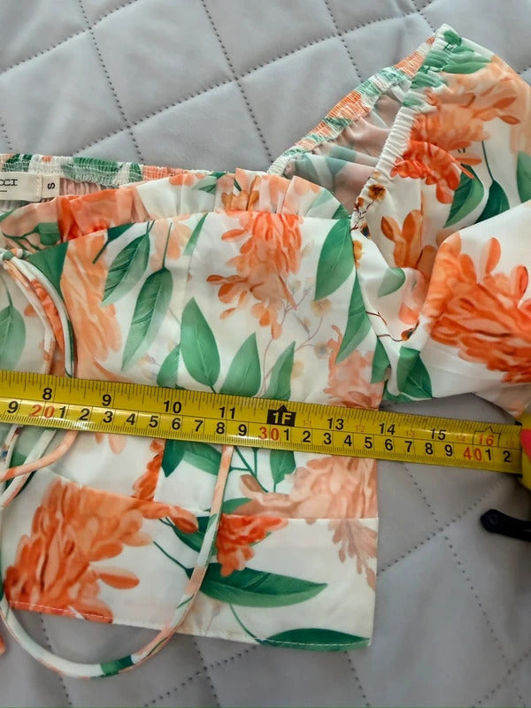 Moocci White & Orange Floral Tiered Skirt Co Ord Small