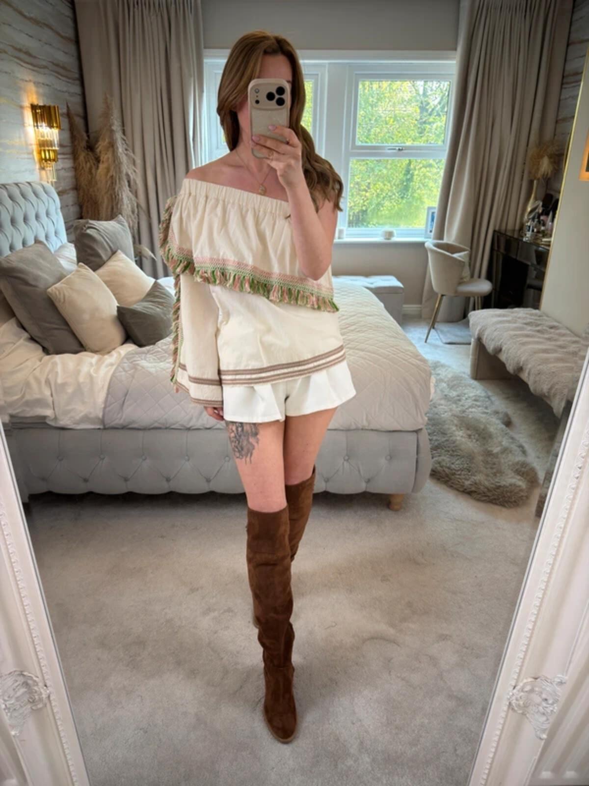 Celia Dragouni Cream Boho Tassel Blouse