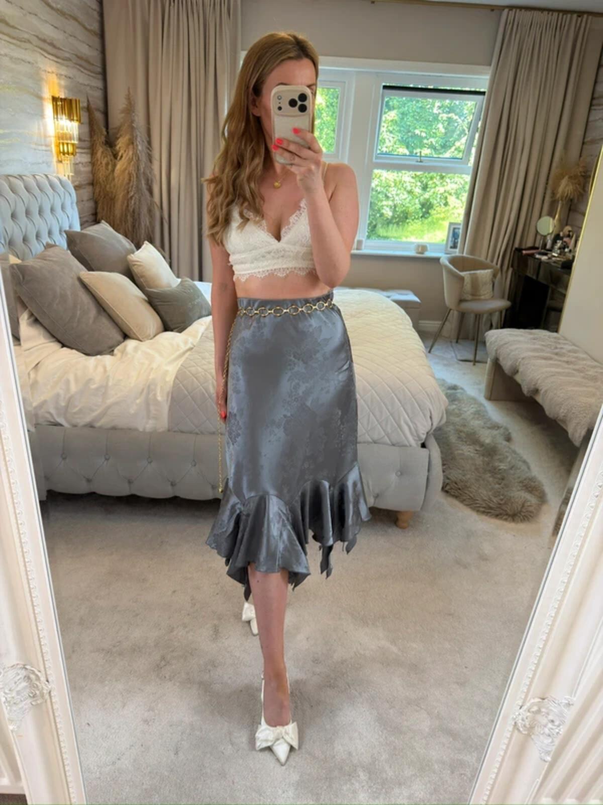 ⭐ BNWT Miss Selfridge Purple / Silver Asymmetrical Satin Floral Midi Skirt 12