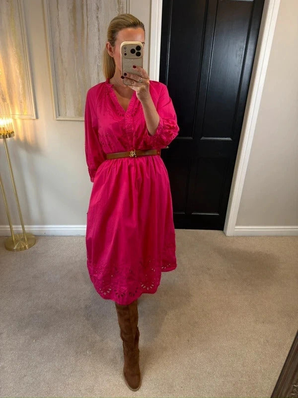 M&S Pink Broderie Anglaise Midi Dress 14