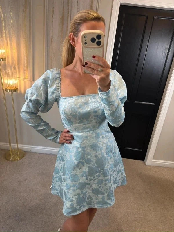BNWT Miss Selfridge Blue Metallic Jacquard Floral Milkmaid Dress Small