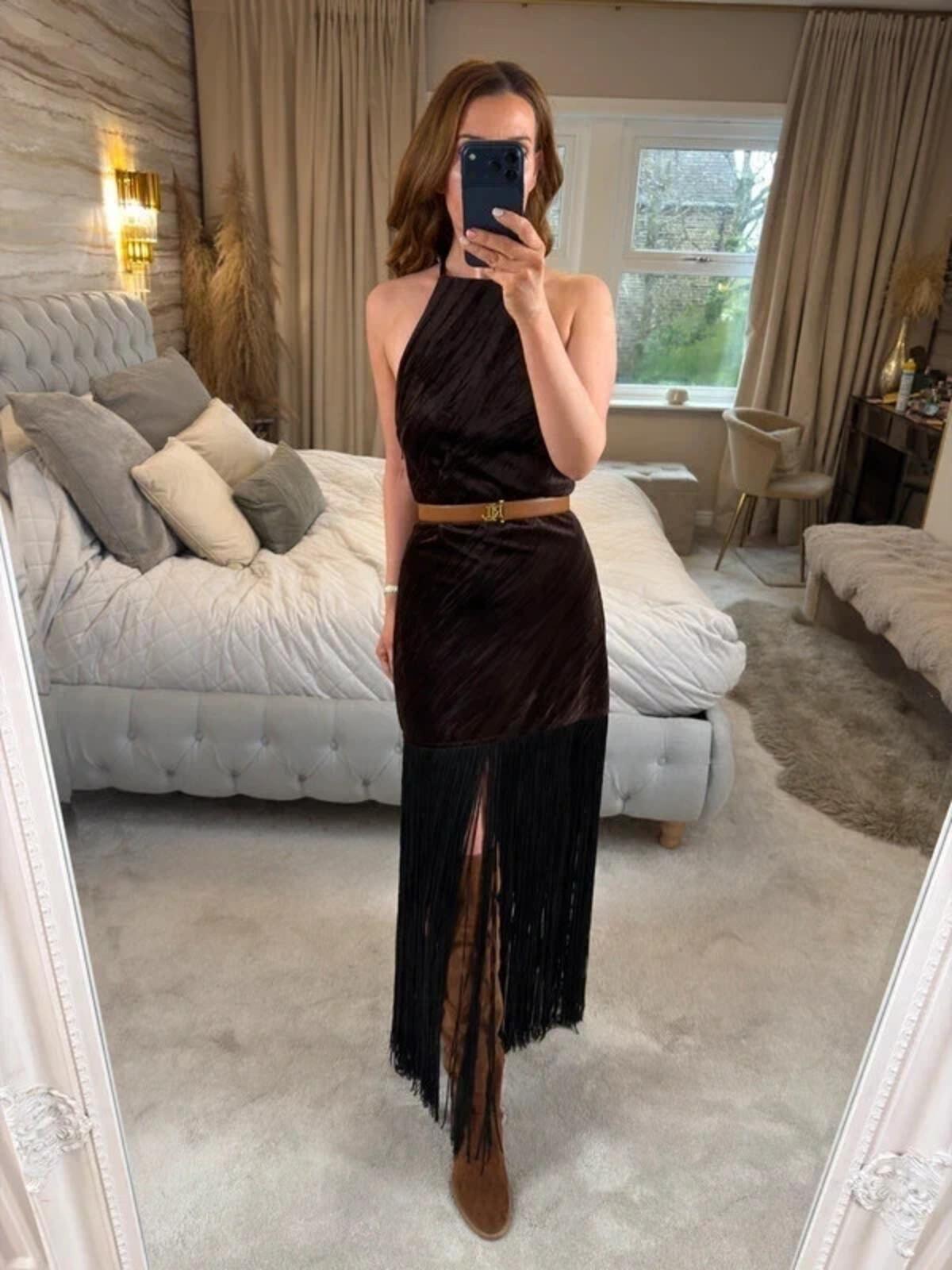BNWT Brown Velvet Fringe Festival Dress Medium