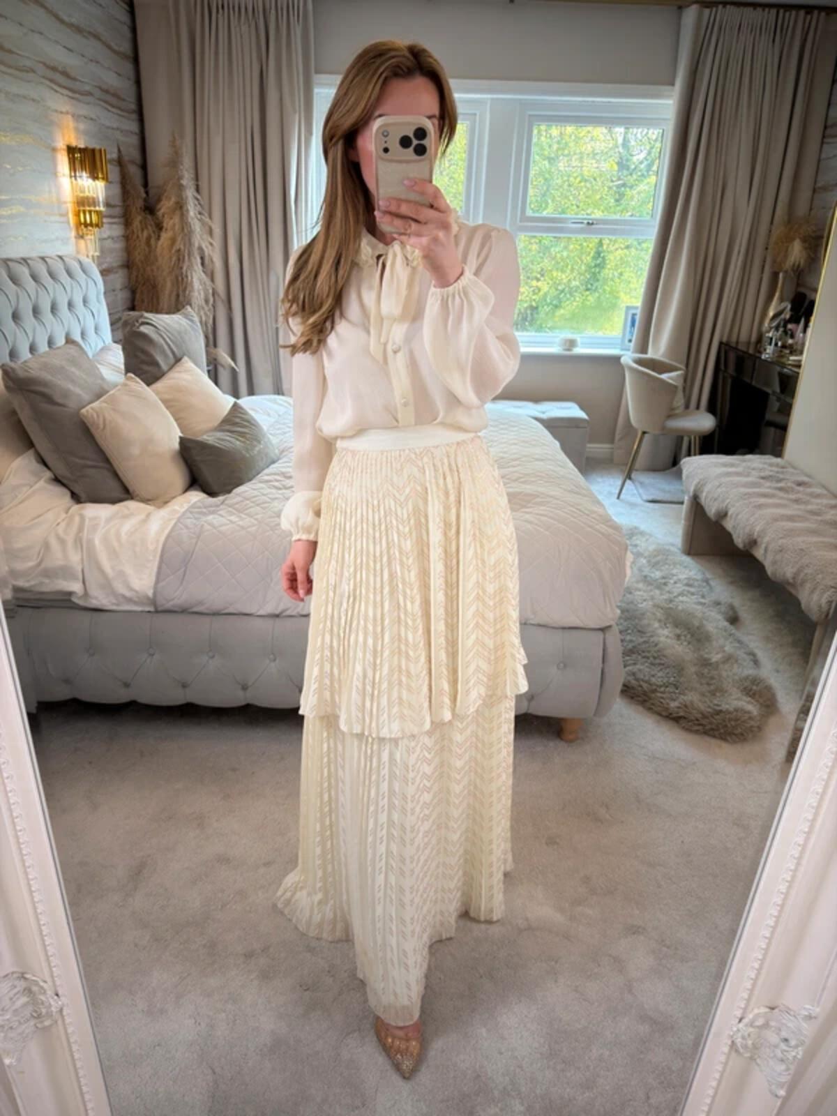 Cream & Gold Pleated Tiered Maxi Skirt XS