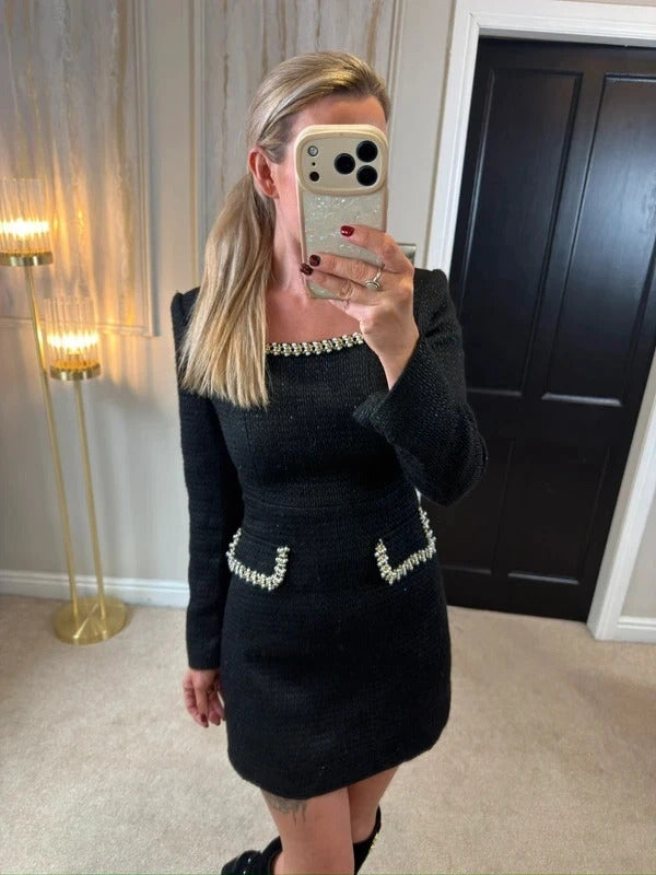 Sierra Darien Black Sparkle Tweed Embellished Dress Mediun