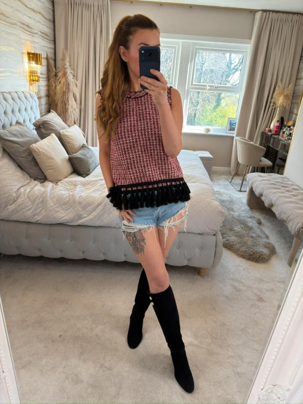 Zara Red Tweed Fringe Blouse Small