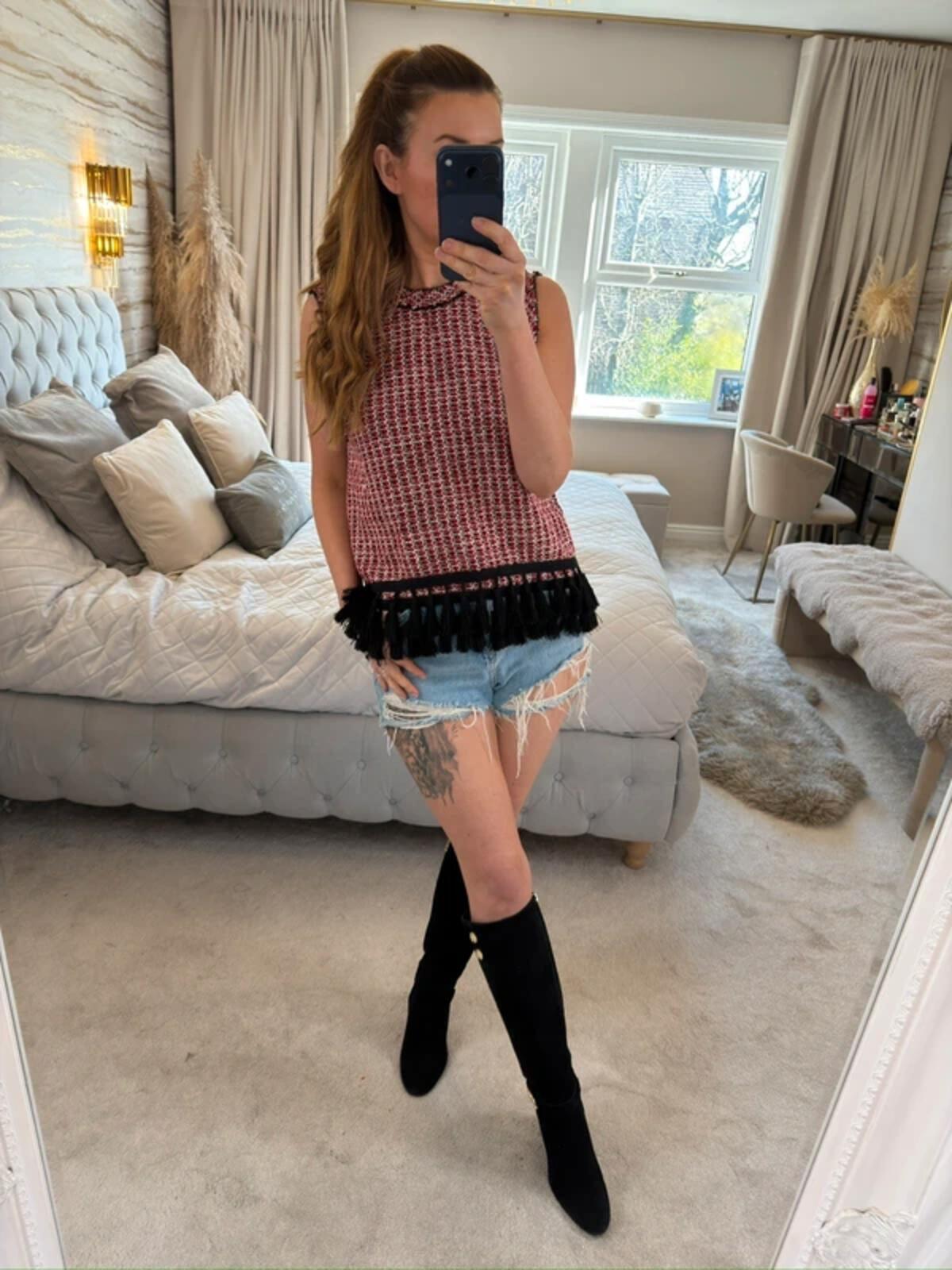 Zara Red Tweed Fringe Blouse Small