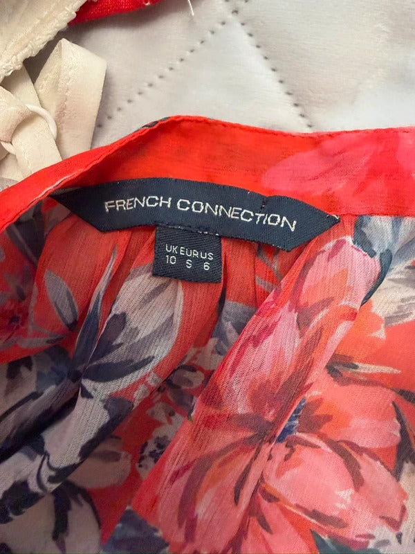 French Connection Red Sheer Floral Frill Blouse 10