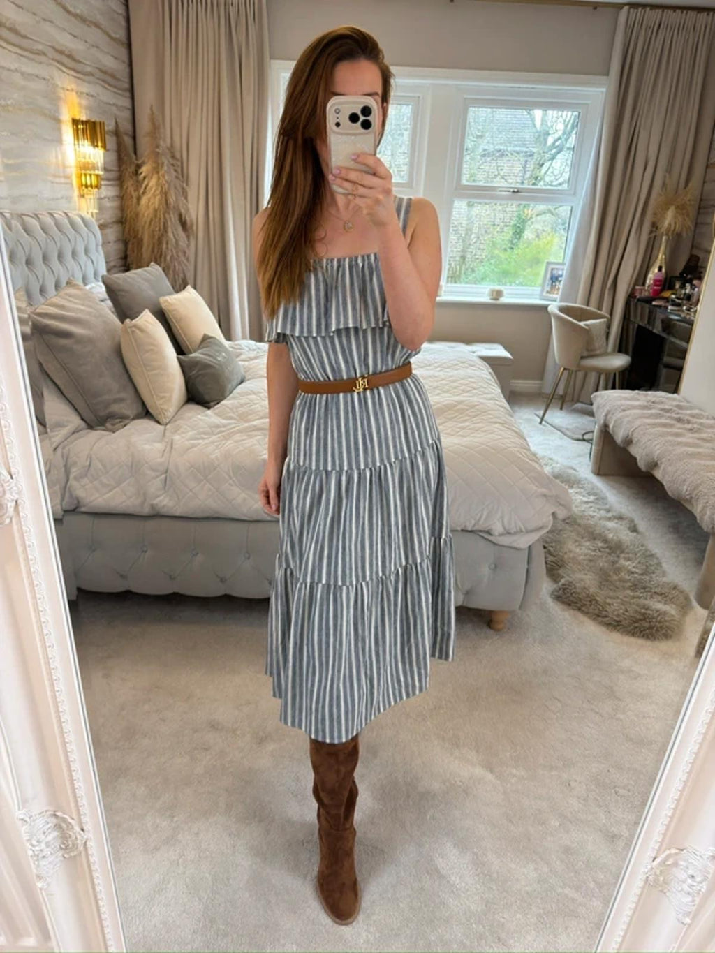 Michael Kors Stripe Tiered Linen Mix Midi Dress XS