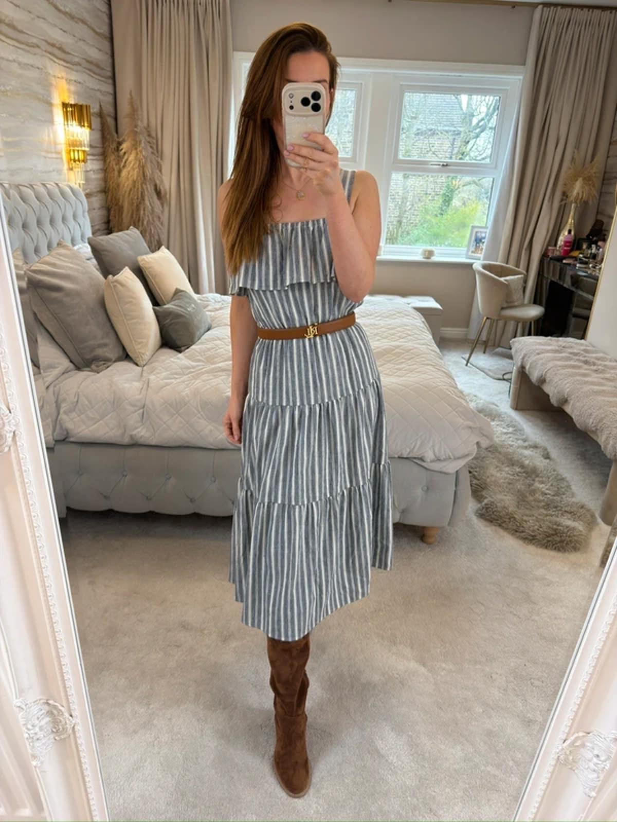 Michael Kors Stripe Tiered Linen Mix Midi Dress XS