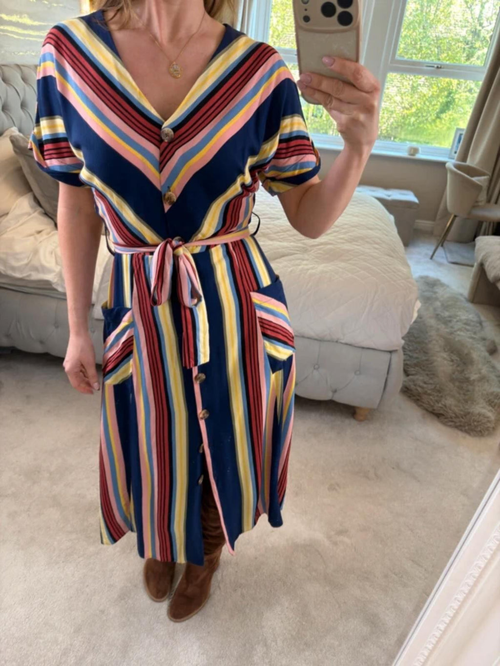 Warehouse Multicoloured Belted Midi Shirt Dress 10