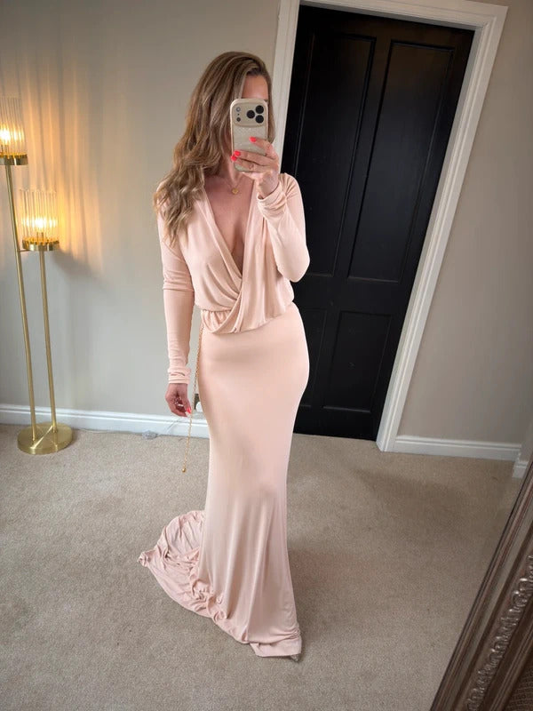 Gorgeous Couture Light Pink / Nude Plunge Dress Small