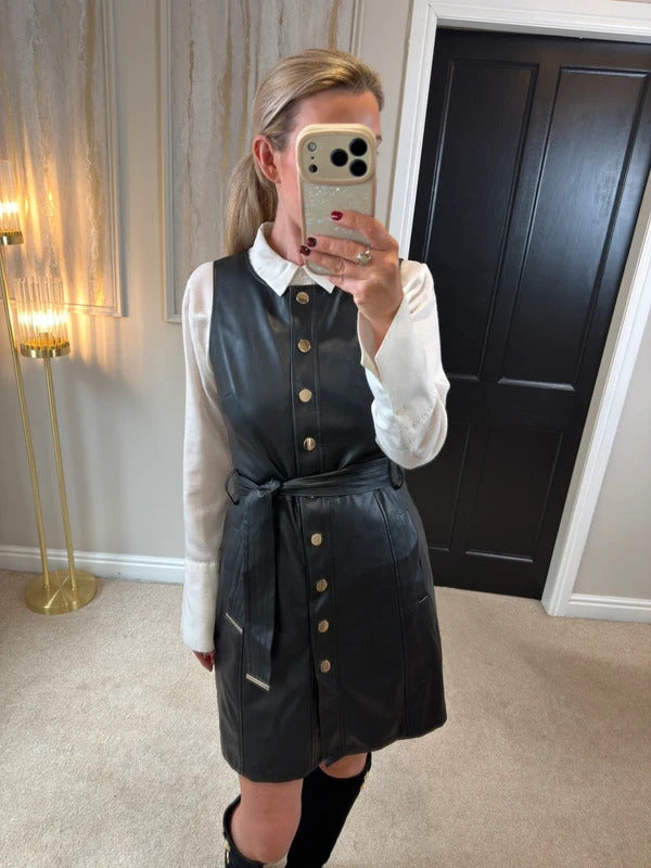 F&F Black Faux Leather Belted Dress 10