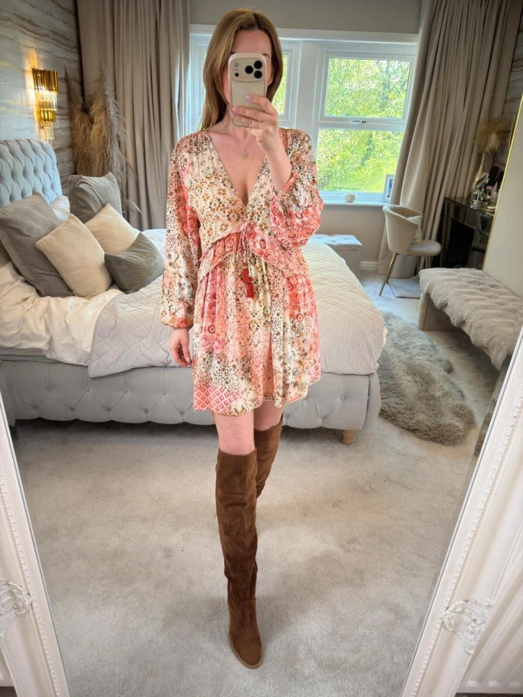 Zara Cream & Pink Boho Mini Dress Small