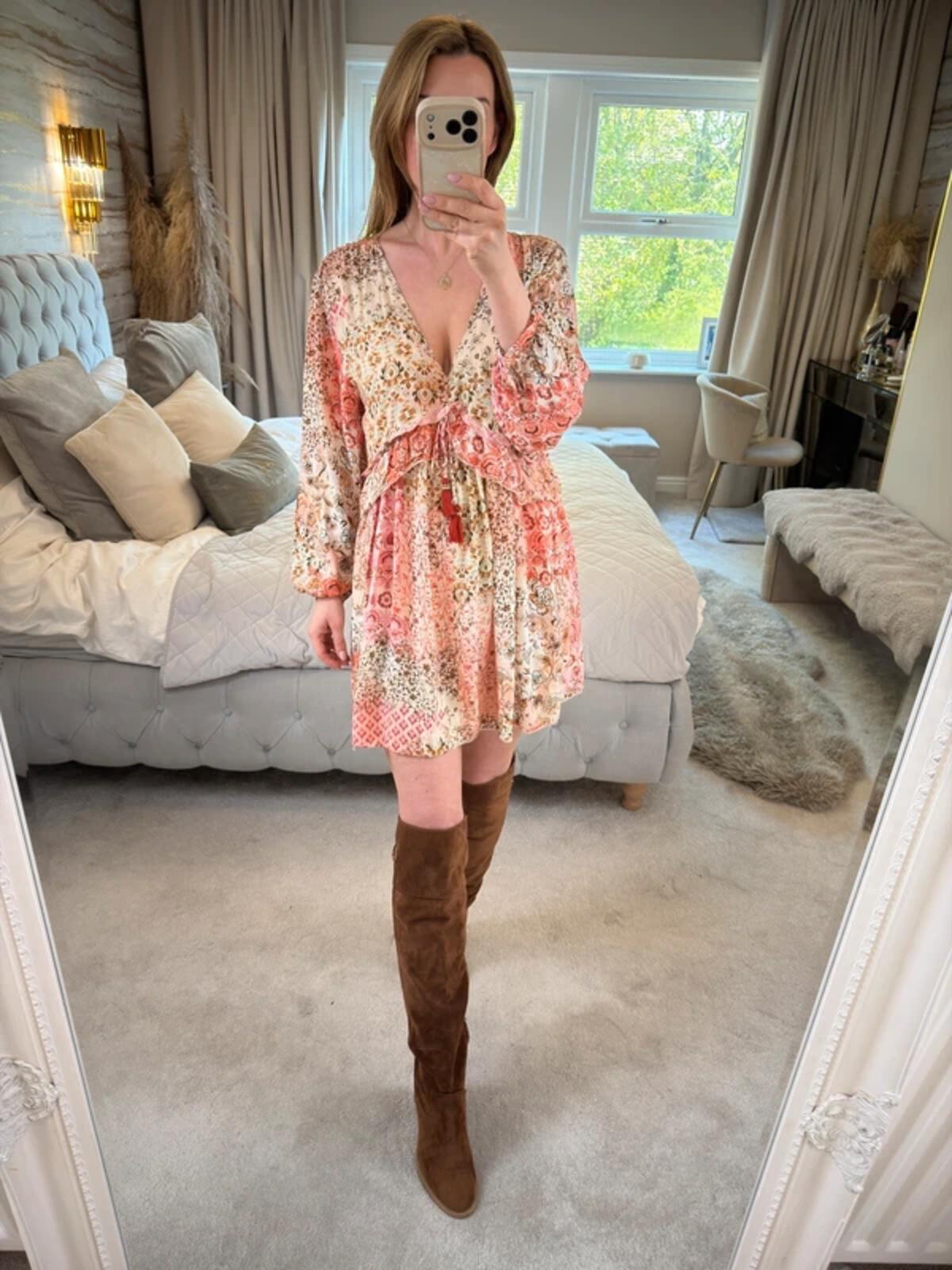 Zara Cream & Pink Boho Mini Dress Small