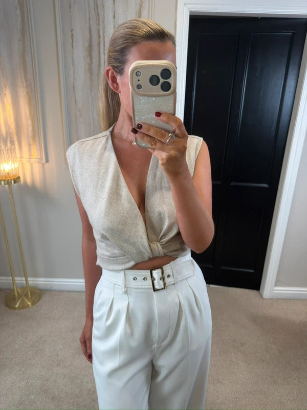 BNWT Zara Oatmeal Linen Blend Twist Front Blouse Small