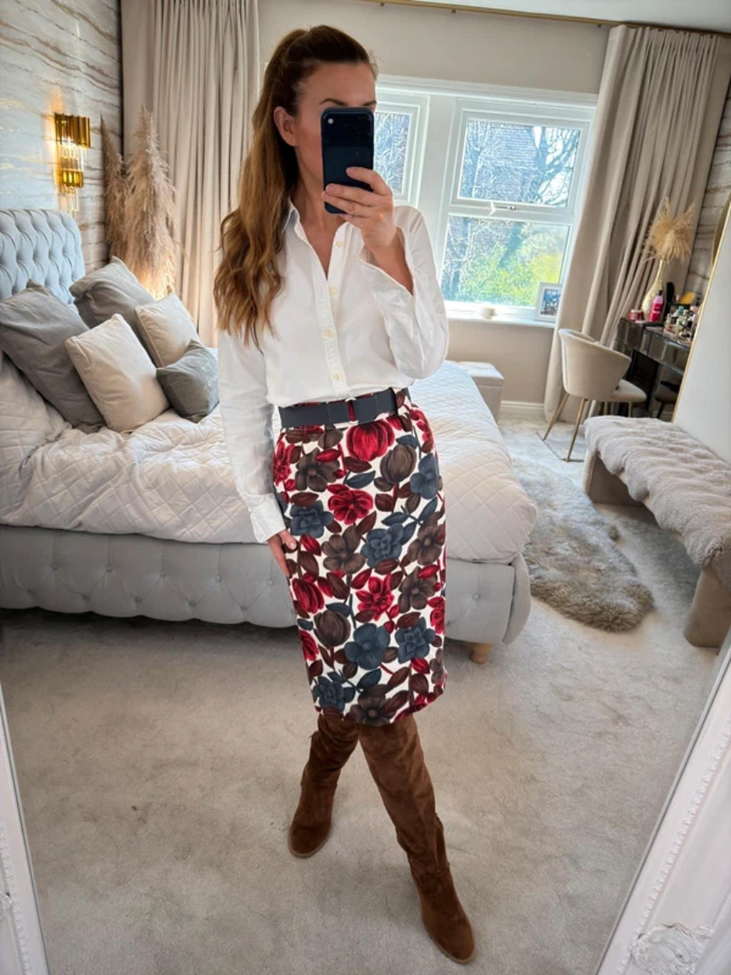 Boden Red Floral Skirt 8 Long