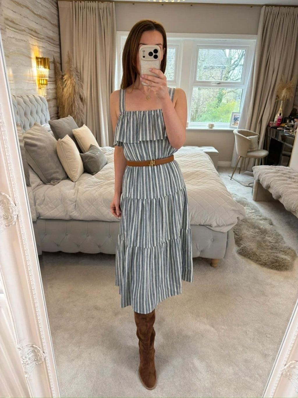 Michael Kors Stripe Tiered Linen Mix Midi Dress XS