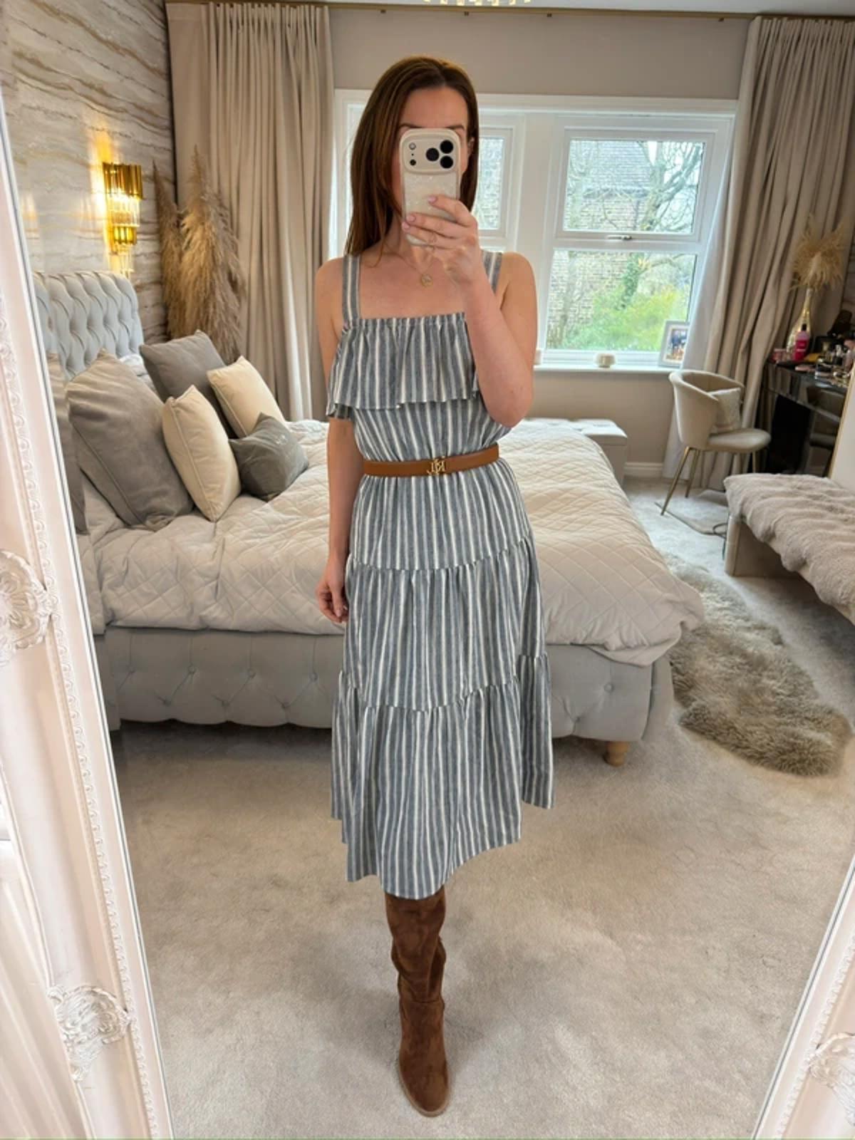 Michael Kors Stripe Tiered Linen Mix Midi Dress XS