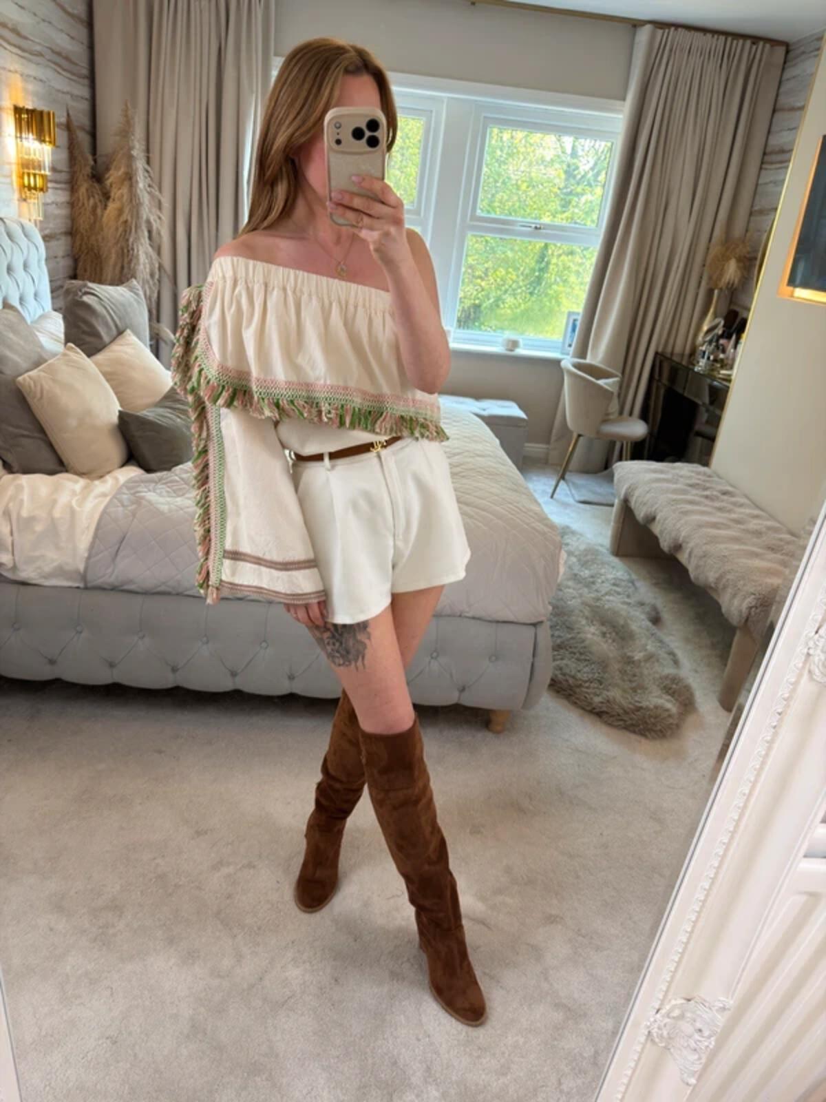 Celia Dragouni Cream Boho Tassel Blouse