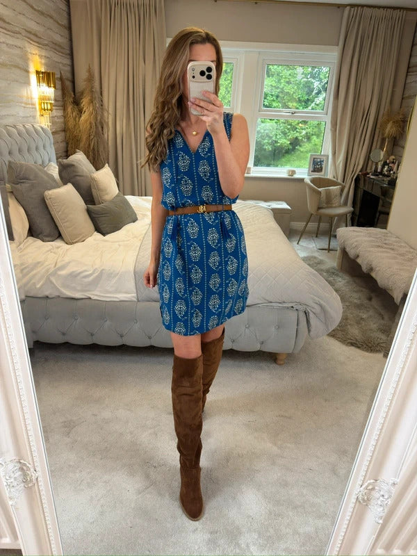 Beach Lunch Lounge Blue Tassel Boho Mini Dress XS