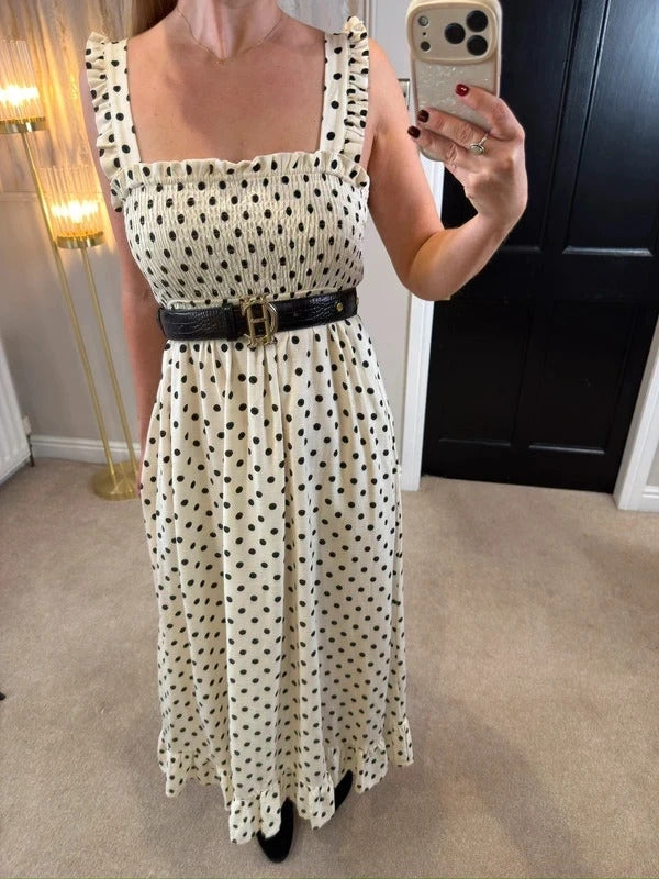 Zara Cream & Black Polka Dot Midi Dress Small