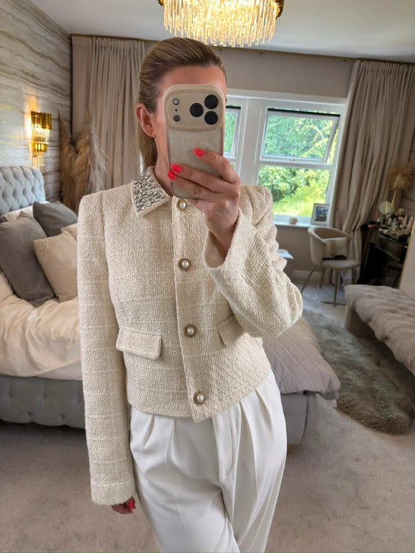 BNWT River Island Cream Embellished Tweed Blazer 12