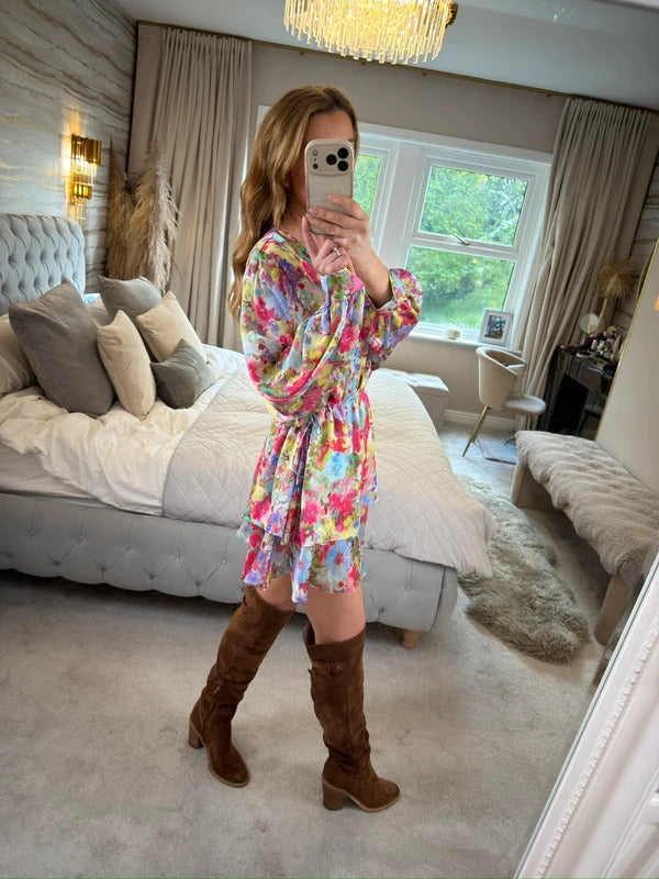 Zara Multicoloured Floral Tie Side Mini Dress Small