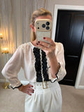 River Island Cream & Black Lace Frill Embellished Blouse 14