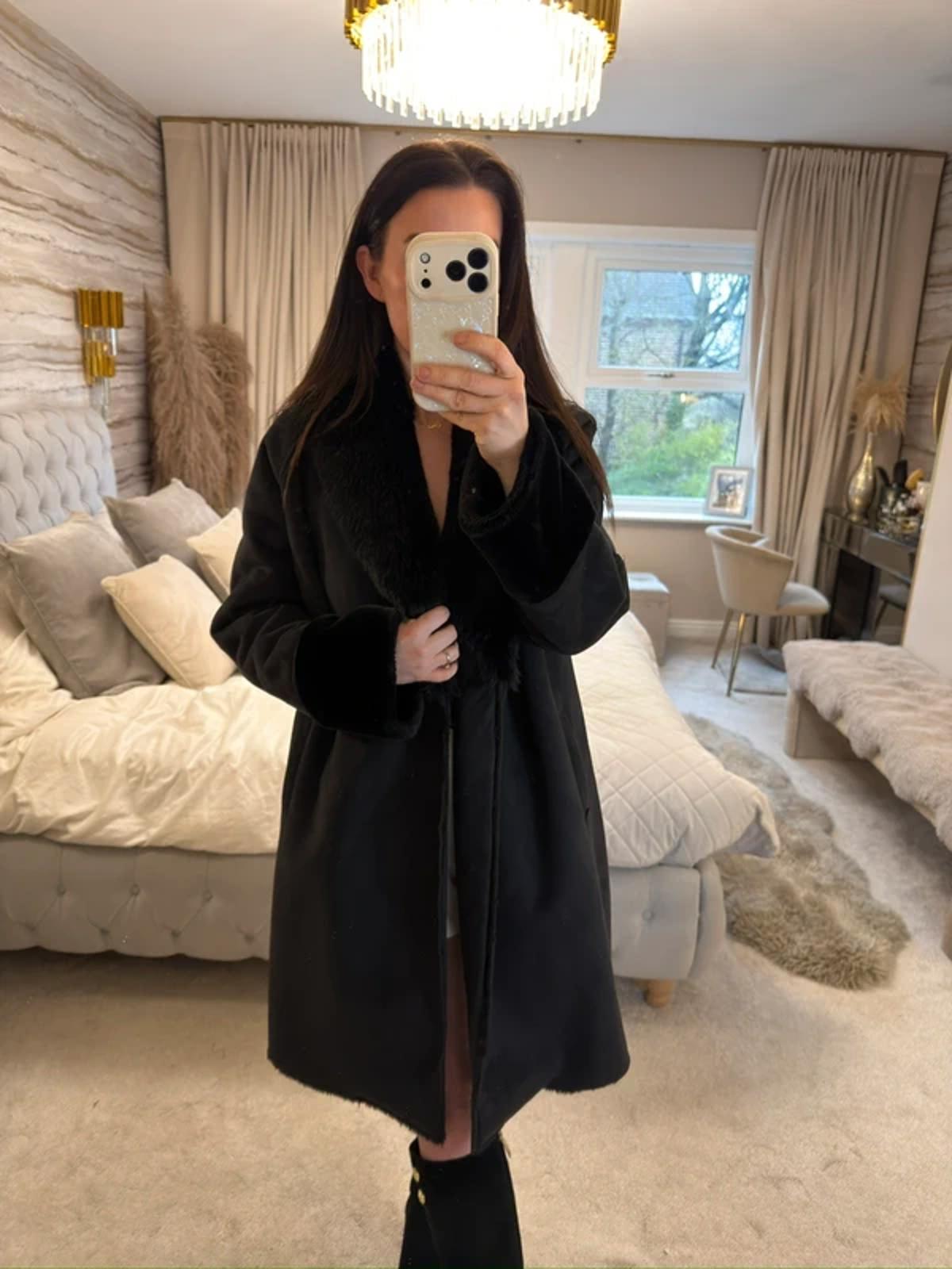 Jigsaw Black Faux Fur Coat Medium