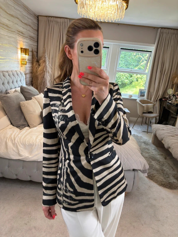 Zara Black & Cream Animal Print Blazer Small
