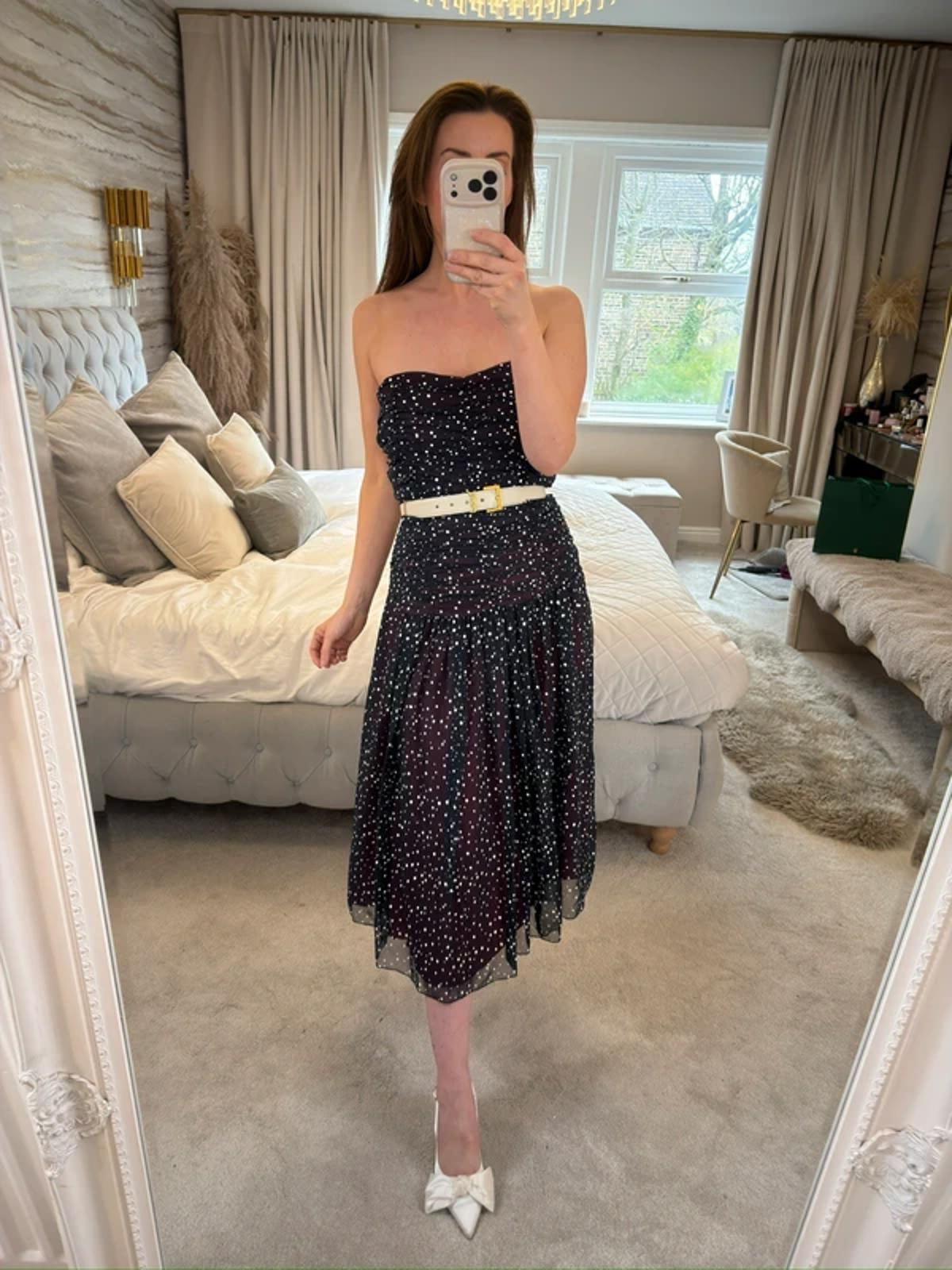 Vintage Navy Spotted Strapless Midi Dress 10/12