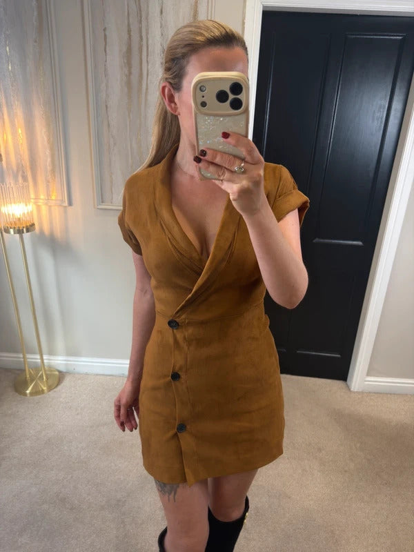 Brown Faux Suede Button Mini Dress Small