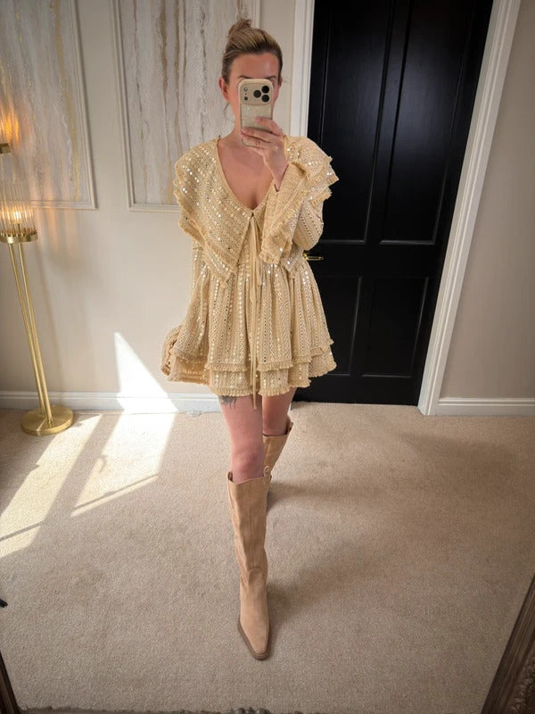 Gypsabella Beige / Gold Portia Boho Embellished Dress Small