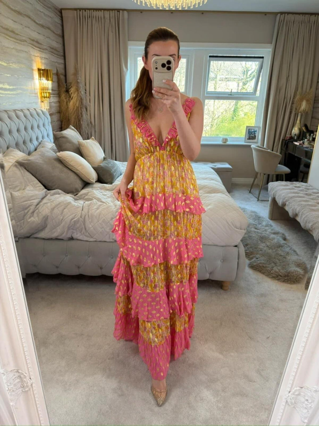 Miss June Pink & Gold Bohemian Maxi Dress One Size