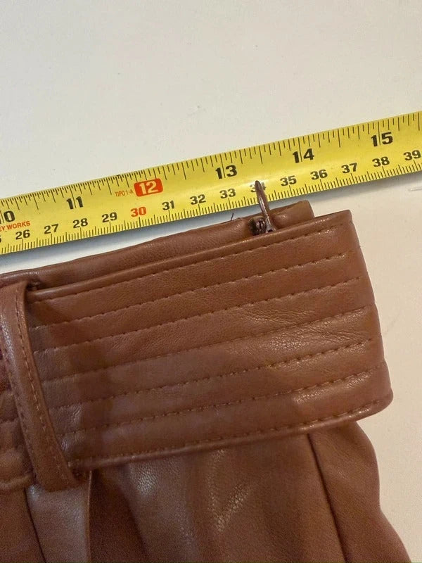Zara Brown PU Leather Pleated Belted Skirt Small