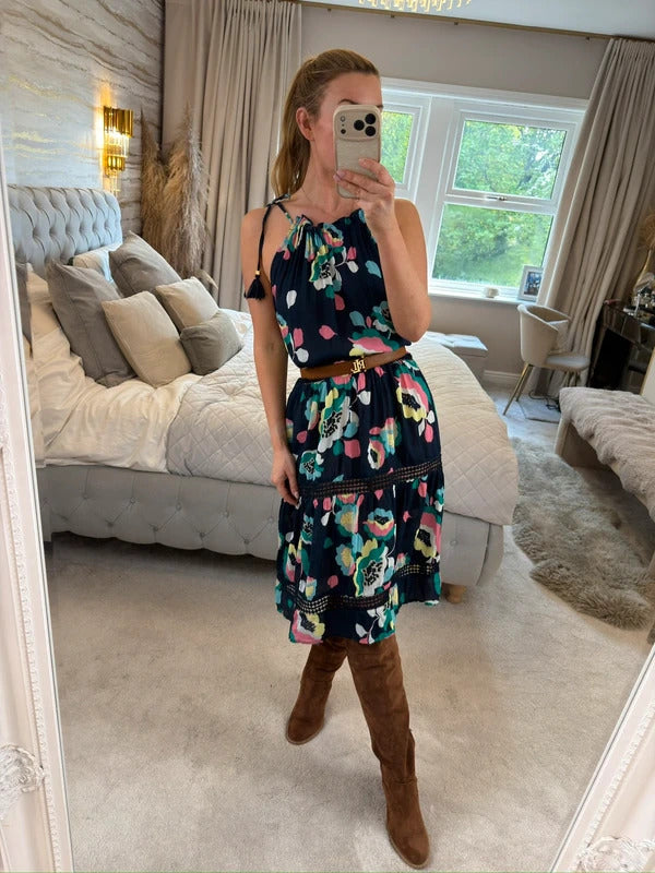M&S Navy Floral Tassel Beach Sundress 8