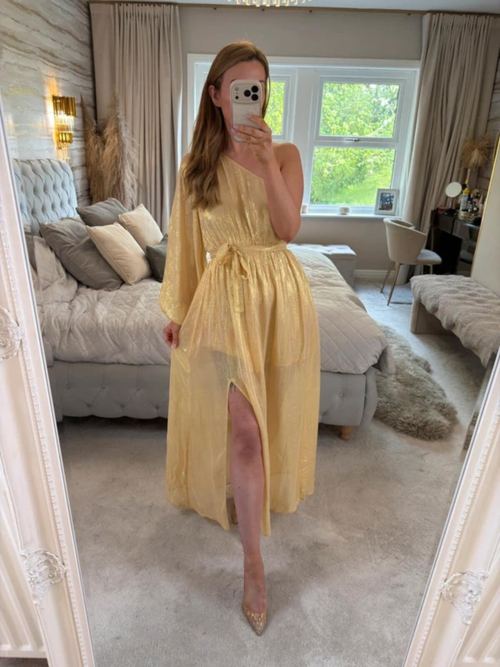 BNWT Sundress Gold Metallic One Shoulder Belted Dress Small