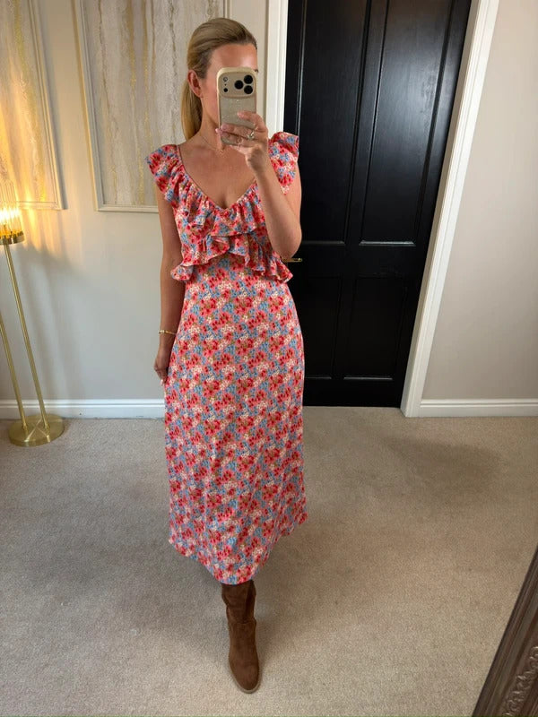 F&F Multicoloured Floral Frill Midi Dress 10