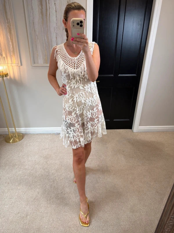 Boutique Ivory Sheer Lace Fringe Mini Dress One Size