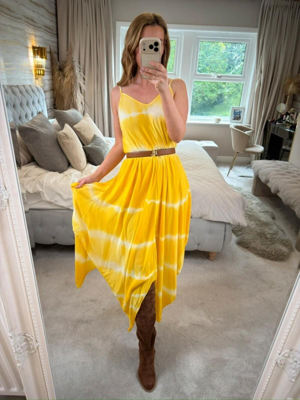 Boutique Yellow Tie Dye Dip Hem Dress One Size