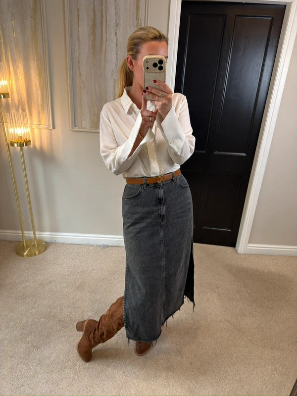 Topshop Washed Black Distressed Split Midi Skirt 10