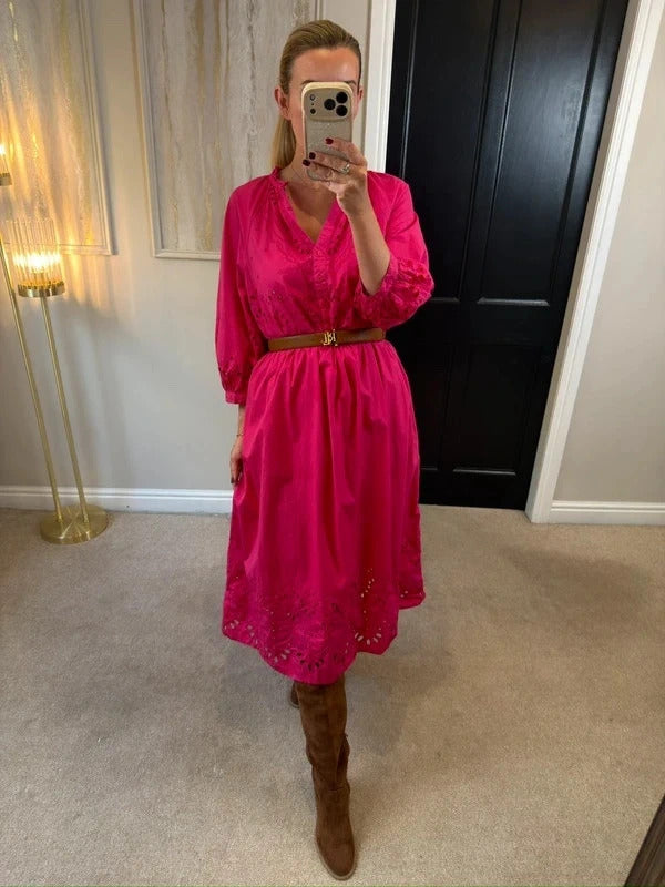 M&S Pink Broderie Anglaise Midi Dress 14