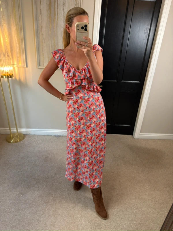 F&F Multicoloured Floral Frill Midi Dress 10
