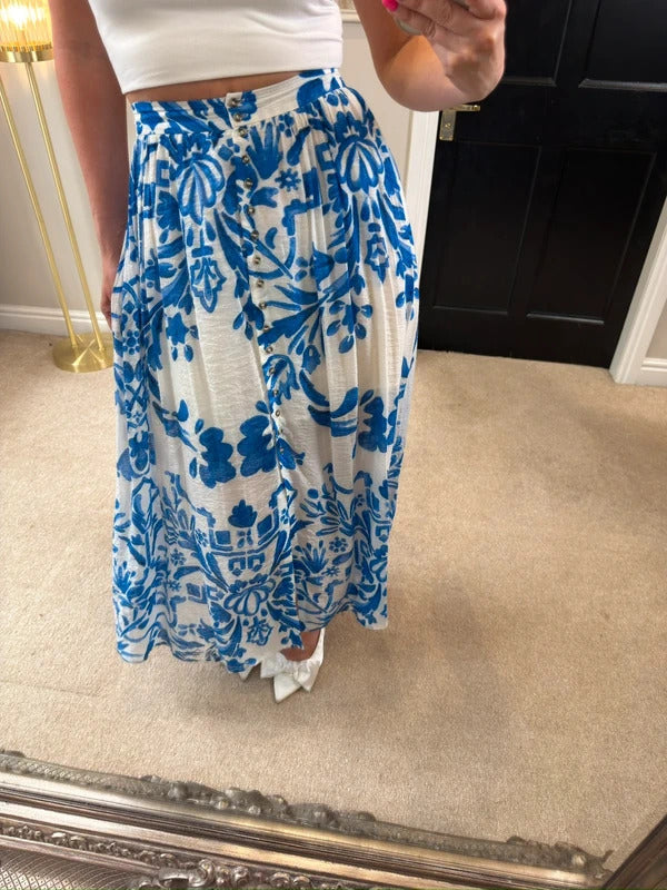 H&M Blue & White Floral Midi Skirt XS