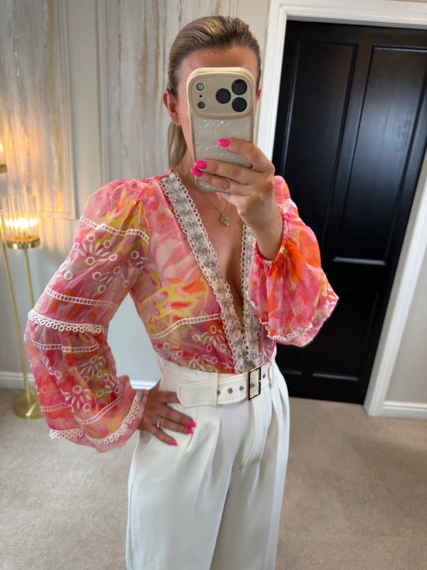 River Island Pink Embellished Bodysuit XS