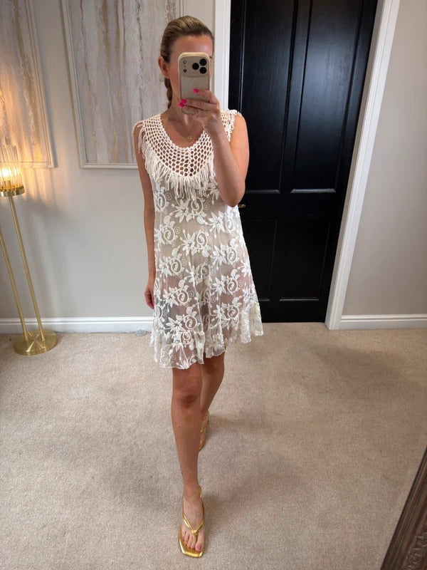 Boutique Ivory Sheer Lace Fringe Mini Dress One Size