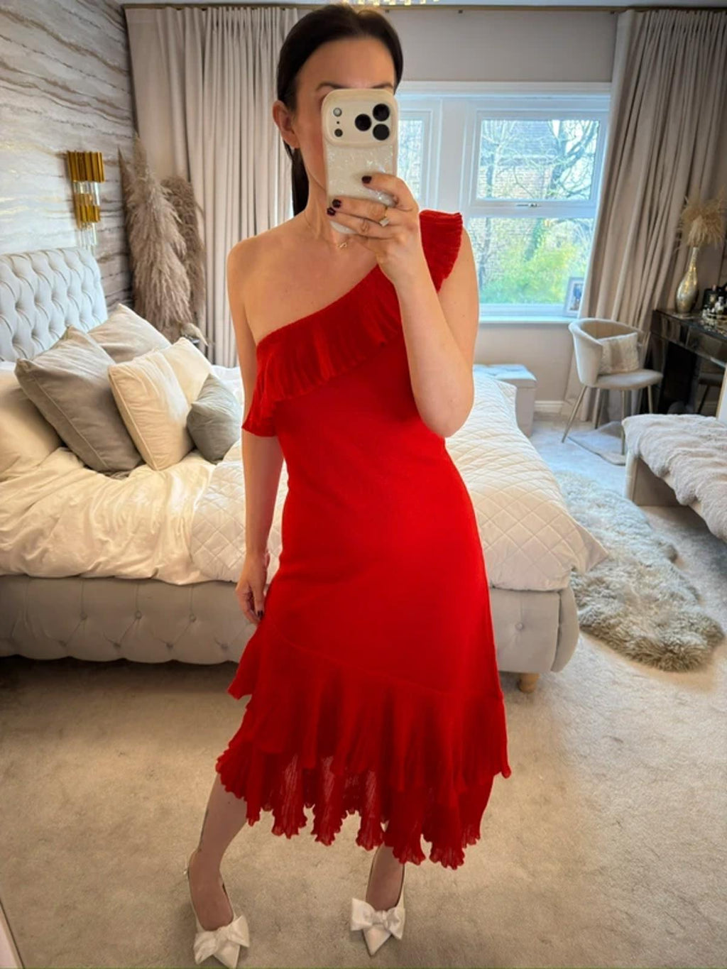 BNWT Mango Red Asymmetrical Frill Midi Dress Medium