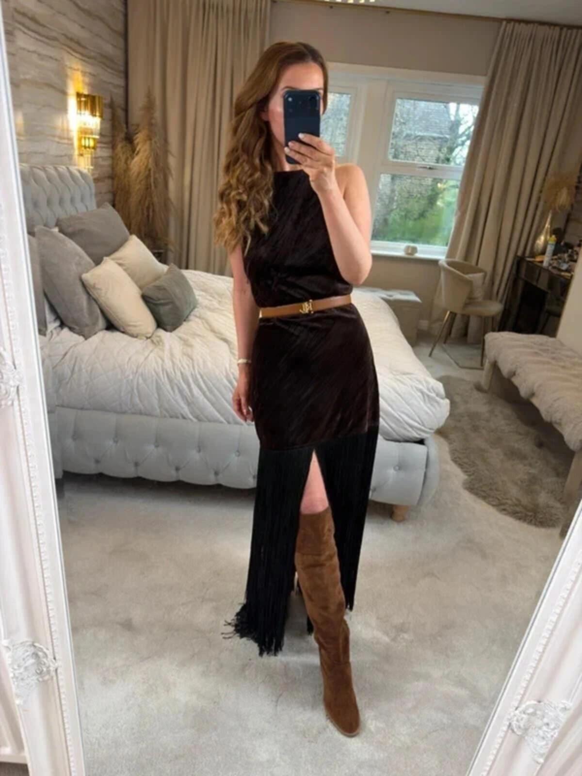 BNWT Brown Velvet Fringe Festival Dress Medium
