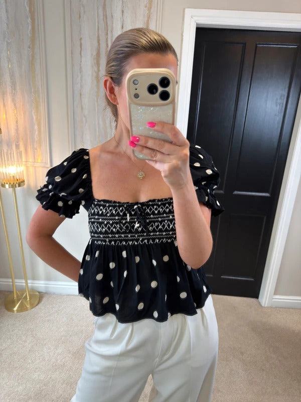 River Island Black Polka Dot Boho Blouse XS