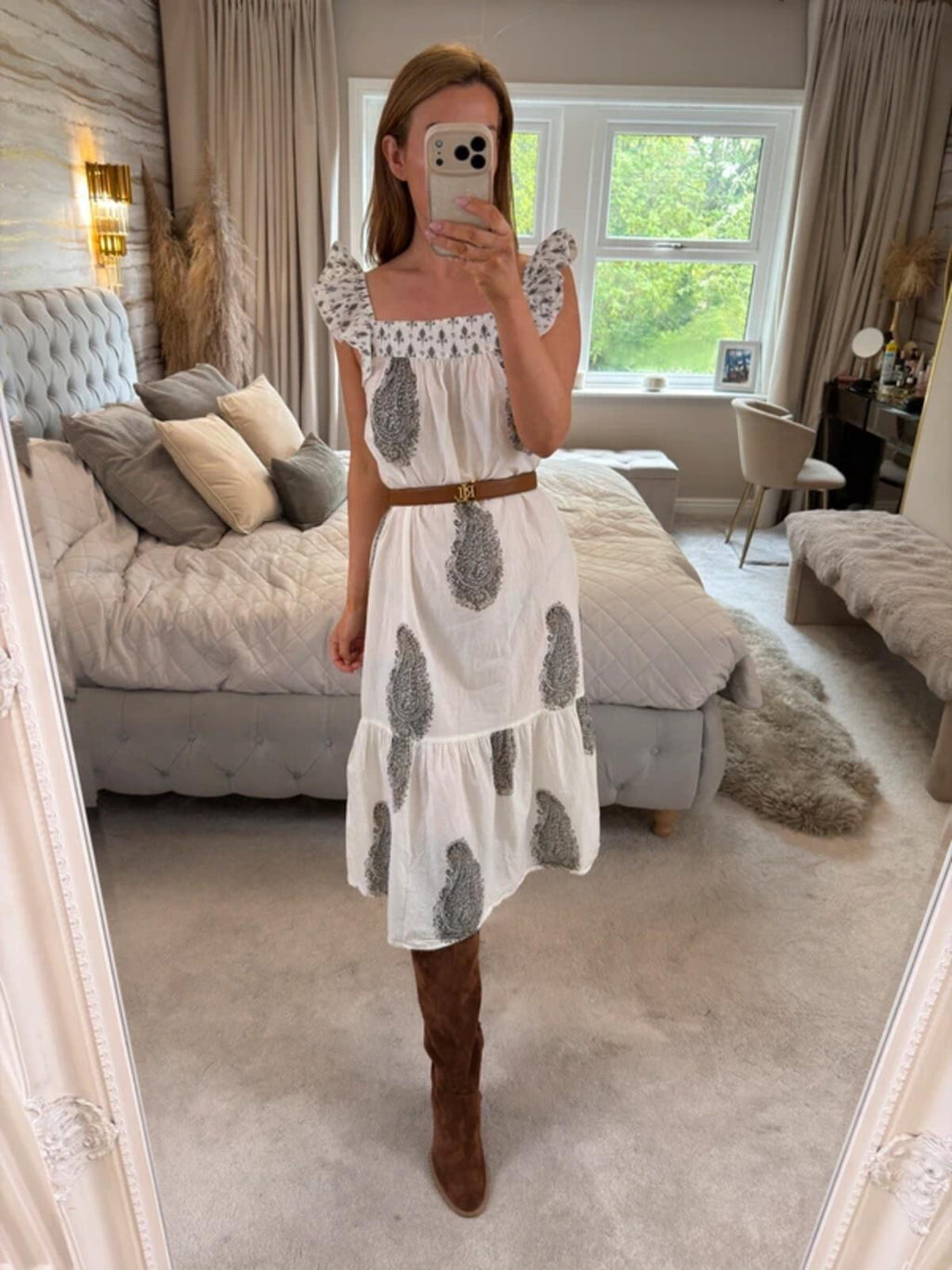 F&F White Paisley Frill Midi Dress 8/10